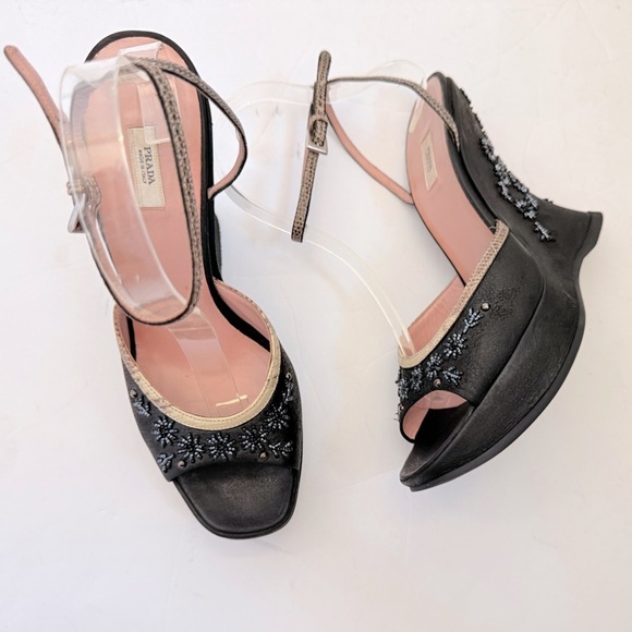 Prada Shoes - Prada Vintage Black Leather floral Beaded open toe platform Wedge Sandals EU 39